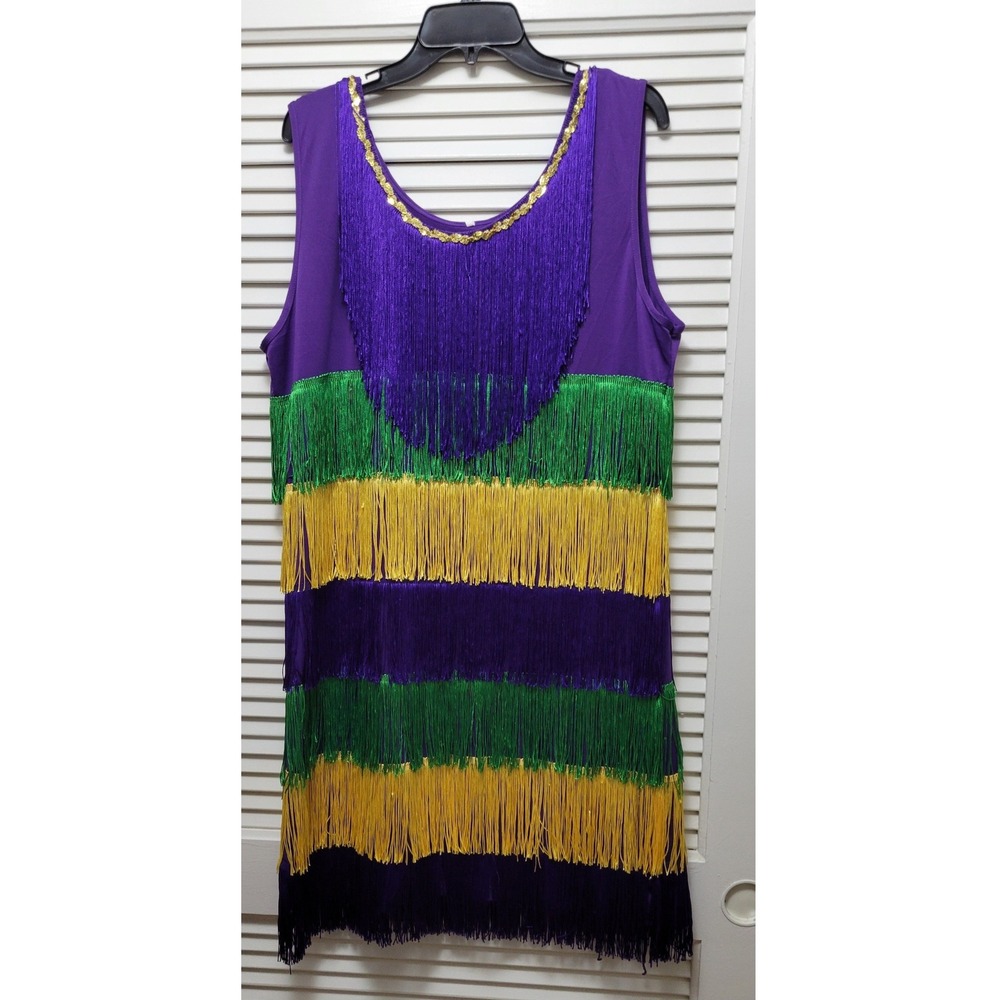 Fringe Flapper Dress Purple Green Gold Sequin XL Sleeveless Costume Mardi Gras